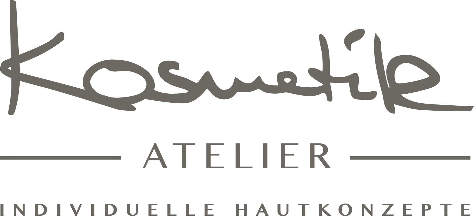 Logo für Kosmetik ATELIER mit dem Slogan Individuelle Hautkonzepte darunter; der Text, ideal für eine auf Hautprobleme spezialisierte Kosmetikerin Hamburg, ist in einer handschriftlichen und modernen Schriftart, grau auf transparentem Hintergrund. - KOSMETIK ATELIER Hamburg Winterhude