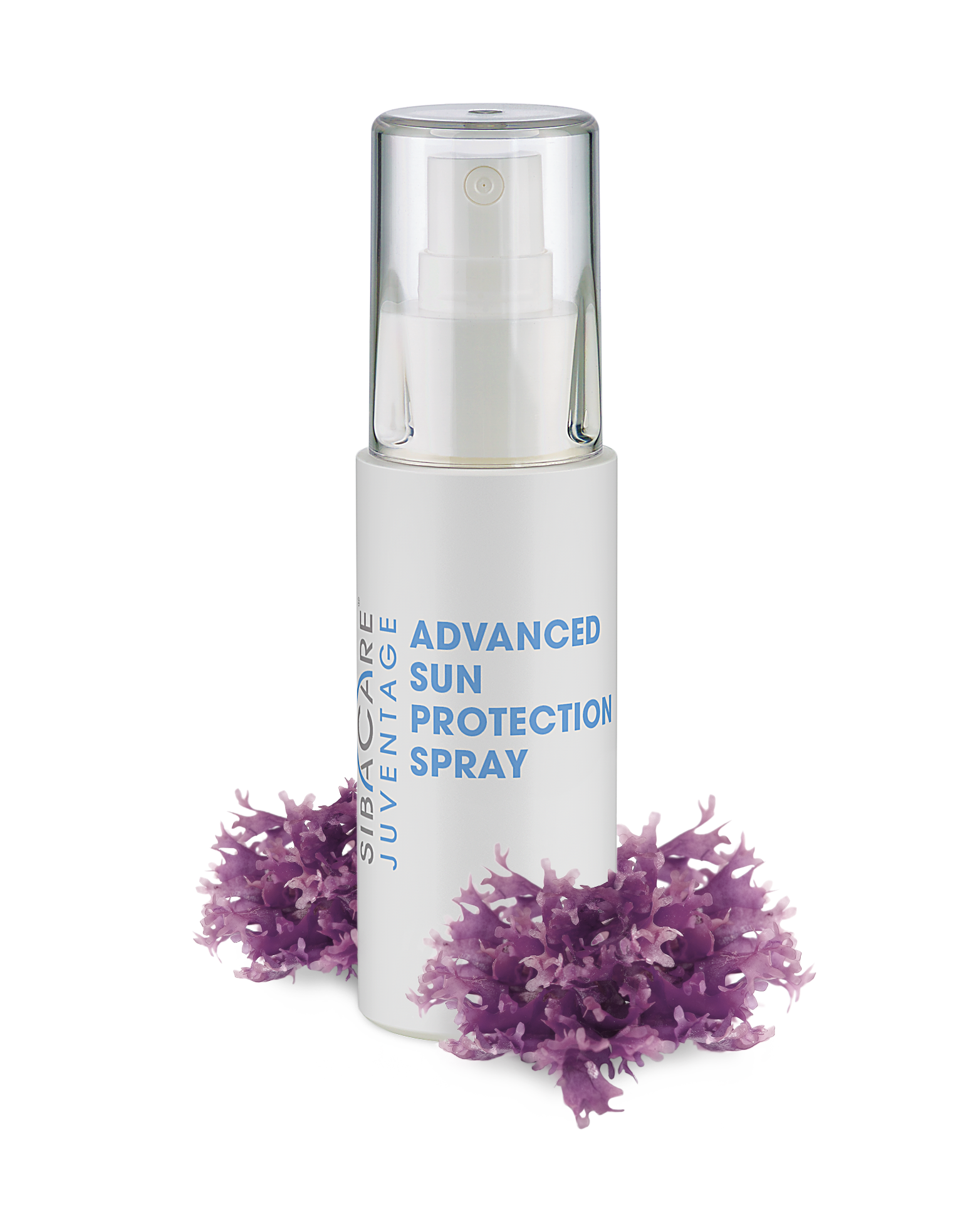 Eine weiße Flasche mit der Aufschrift Advanced Sun Protection Spray und einer klaren Kappe, umgeben von zwei violetten Algen, auf weißem Hintergrund. - KOSMETIK ATELIER Hamburg Winterhude